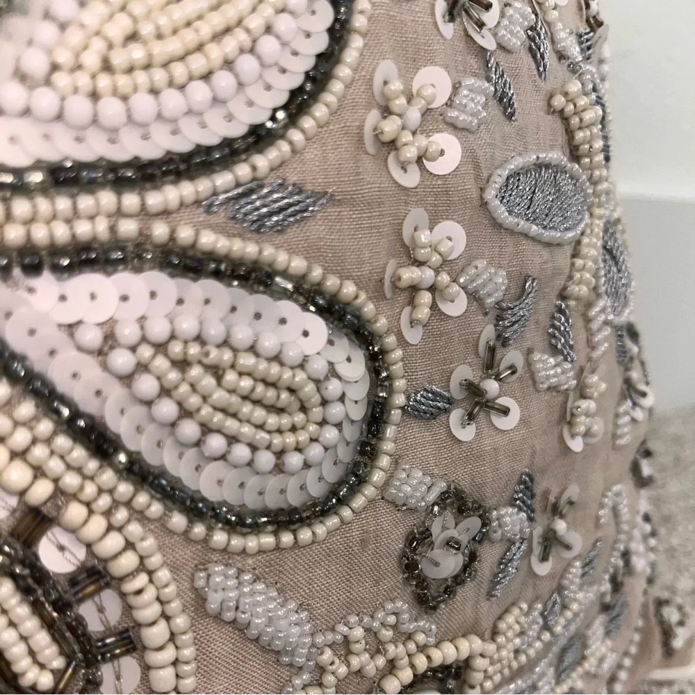 NOBLE EXCELLENCE® Two Embroidered Jeweled Tan Cream‎ & Silver Decorative Pillows